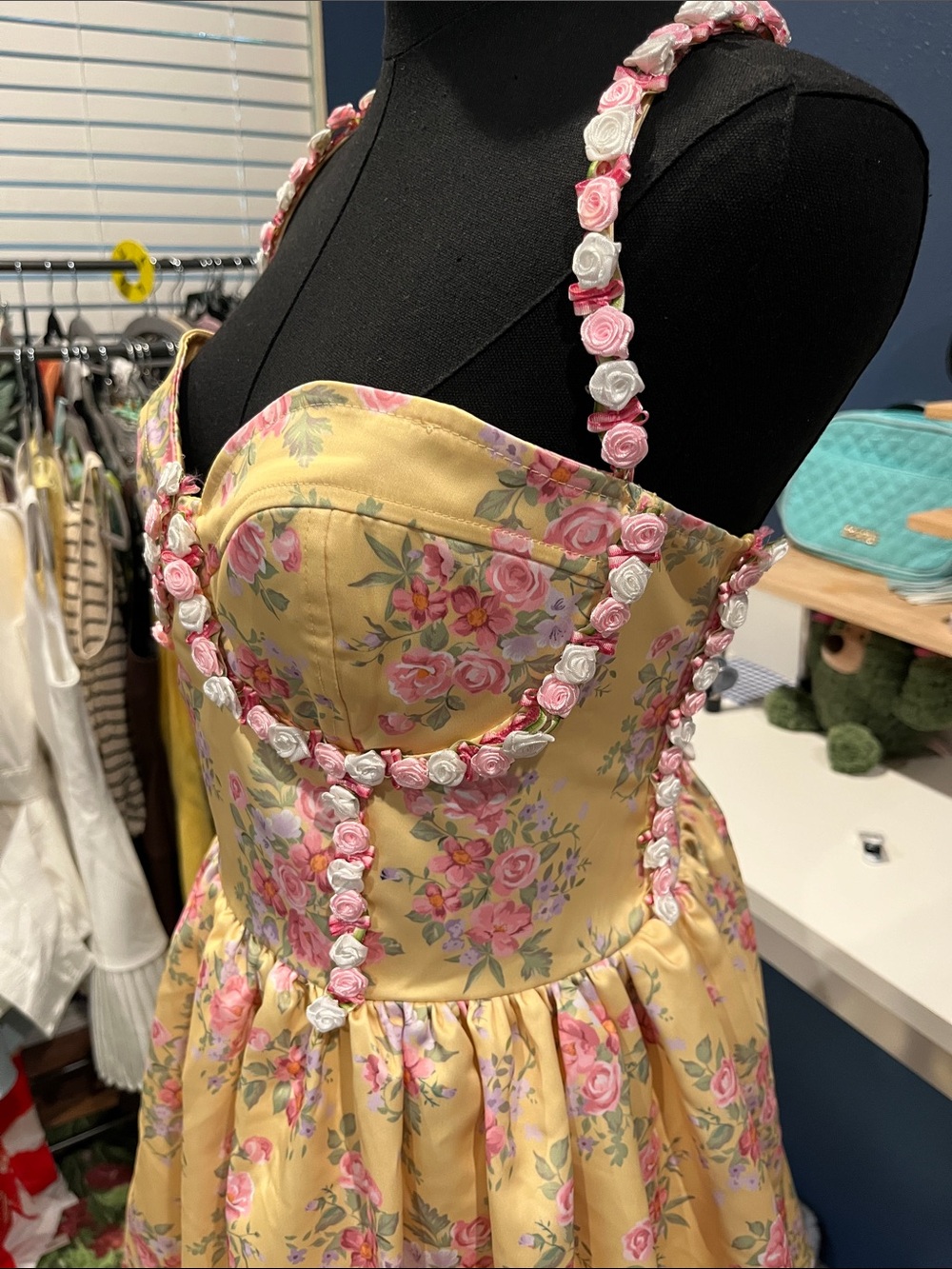 NWOT Sugar Thrillz Yellow Floral Mini Dress with Rosettes Trim - Picture 3 of 4
